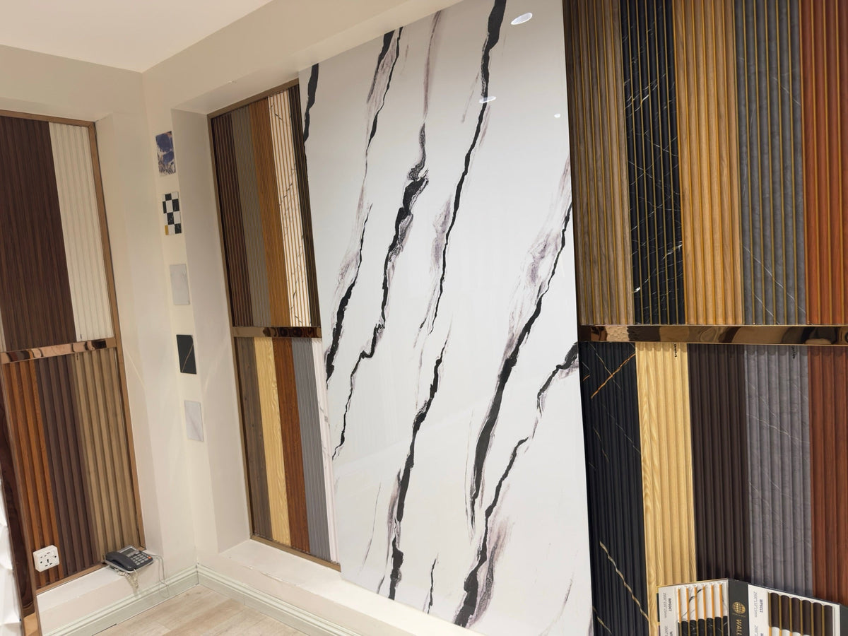 Marble sheets and wood look panels